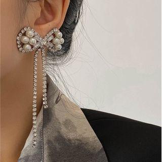 Bow Faux Pearl Fringed Earring 1 Pair - White - One Size