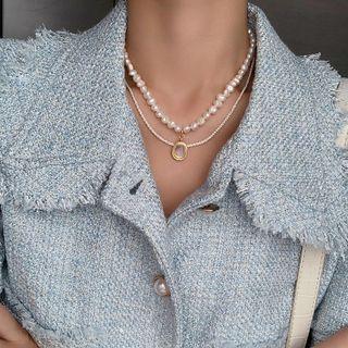 Cat Eye Stone Pendant Freshwater Pearl Layered Necklace