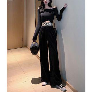Boatneck Crop T-shirt / Lettering Wide-leg Pants