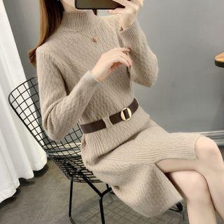 Mock-neck Slit Knit Midi Dress