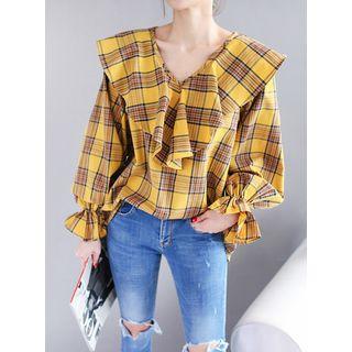 V-neck Ruffle-trim Check Top