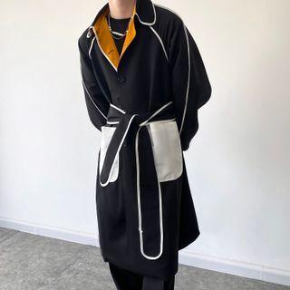 Contrast Trim Single Breasted Long Coat With Sash