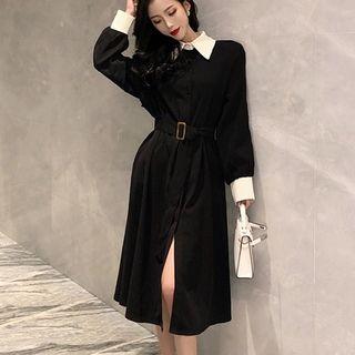 Color-block Slim-fit Long-sleeve Dress Black - One Size
