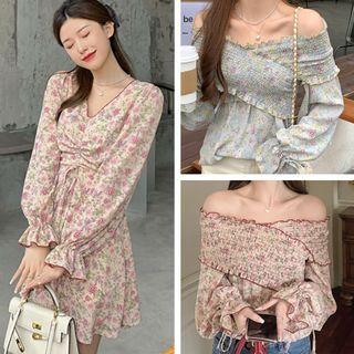 Long-sleeve V-neck Floral Print Dress / Long-sleeve Off-shoulder Floral Print Blouse