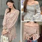 Long-sleeve V-neck Floral Print Dress / Long-sleeve Off-shoulder Floral Print Blouse