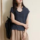 Cap-sleeve Plain Henley Knit Top