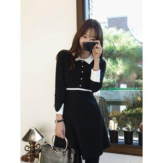 Faux-pearl Button Two-tone A-line Shirtdress