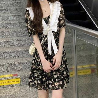 Short-sleeve Color Block Bow Accent Floral Dress