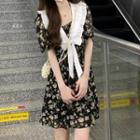 Short-sleeve Color Block Bow Accent Floral Dress