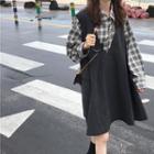 Set: Long Sleeve Plaid Shirt + V-neck Pinafore Dress