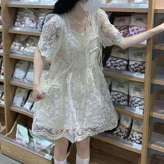 Puff-sleeve Lace Mini Smock Dress Almond - One Size
