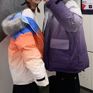 Couple Matching Furry Trim Gradient Hooded Padded Jacket