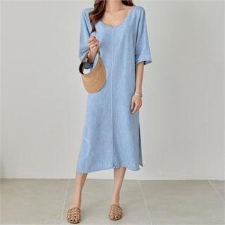 Slit-hem Denim Dress
