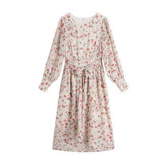 Long-sleeve Floral Tie-waist Midi Dress
