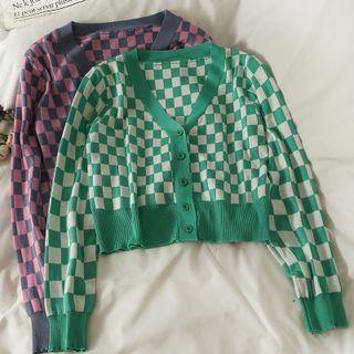 Checker Button-up Crop Knit Top