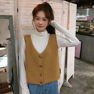 Turtleneck Long-sleeve Top / V-neck Knit Vest