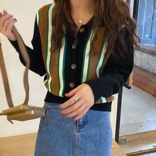Long-sleeve Striped Collared Knit Top Black - One Size