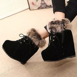 Furry Trim Wedge  Short Boots