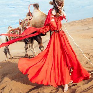 Set: Long-sleeve Embellished A-line Maxi Dress + Camisole Top + Belt + Shawl