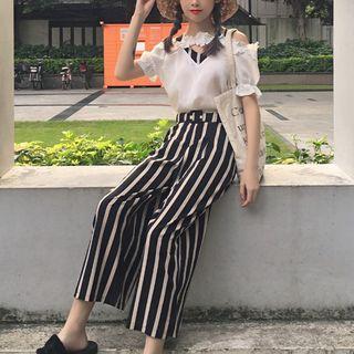 Set: Cold Shoulder Short-sleeve Top + Crop Wide Leg Pants