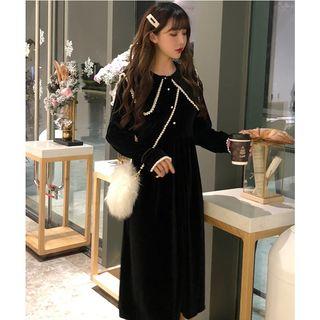 Faux Pearl Long-sleeve A-line Velvet Dress Black - One Size