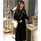 Faux Pearl Long-sleeve A-line Velvet Dress Black - One Size