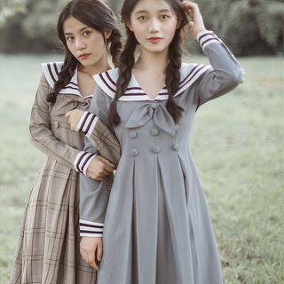 Long-sleeve Sailor-collar Midi A-line Dress