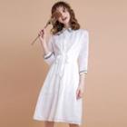 Collared 3/4-sleeve Tie-waist A-line Chiffon Dress
