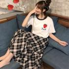 Strawberry Print Short-sleeve T-shirt / Plaid Midi Mermaid Skirt