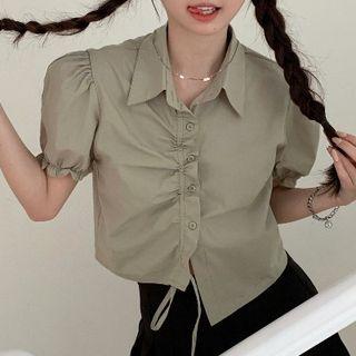Puff-sleeve Drawstring Ruffle Shirt Grayish Green - One Size