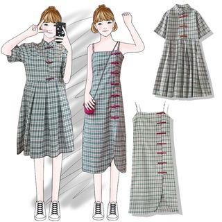 Elbow-sleeve Plaid Frog Buttoned A-line Dress / Spaghetti Strap Midi Dress