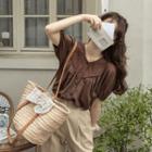 Eyelet Lace-panel Puff-sleeve Blouse Brown - One Size