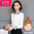 Embroidered Collar Fleece Lined Long-sleeve Lace Top