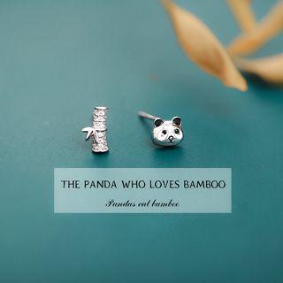 925 Sterling Silver Non-matching Rhinestone Bamboo Panda Stud Earring