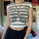 Butterfly Print Striped Cropped T-shirt