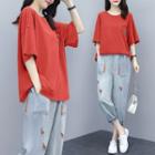 Elbow-sleeve T-shirt / Cropped Jeans / Set