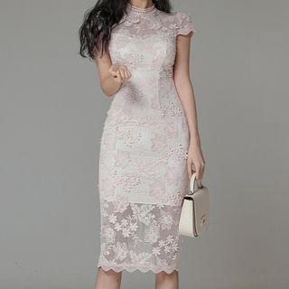 Mock-neck Lace Midi Bodycon Dress