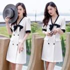 Short Sleeve V-neck Bow Accent Contrast Trim Blazer Dress