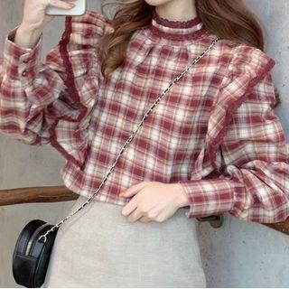 Mock-turtleneck Ruffled Plaid Blouse