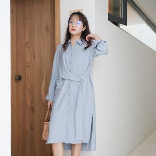 Long-sleeve Front Knot Midi Shirt Dress