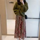 Plain Sweater / Midi Accordion Pleat Floral Skirt