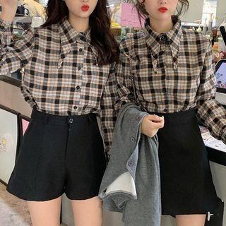 Plaid Long-sleeve Shirt / Buttoned A-line Pinafore Dress