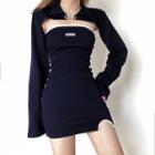 Set: Plain Long-sleeve Shrug Top + Slit Sleeveless Mini Bodycon Dress