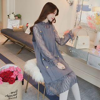Set: Lace Long-sleeve Dress + Button Detail Long Vest