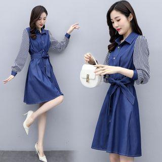 Stripe-sleeve A-line Denim Shirtdress