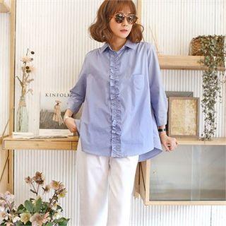 Frilled-placket Tab-sleeve Cotton Shirt