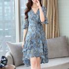 Paisley Print Elbow-sleeve A-line Chiffon Dress