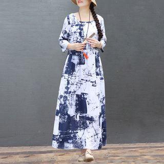 Printed Long-sleeve Maxi Shift Dress