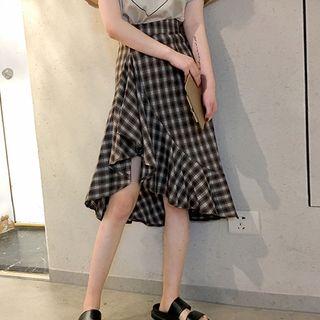 Ruffle Hem Plaid Midi Skirt