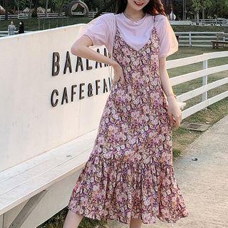 Set: Puff-sleeve T-shirt + Spaghetti Strap Floral Print A-line Midi Dress